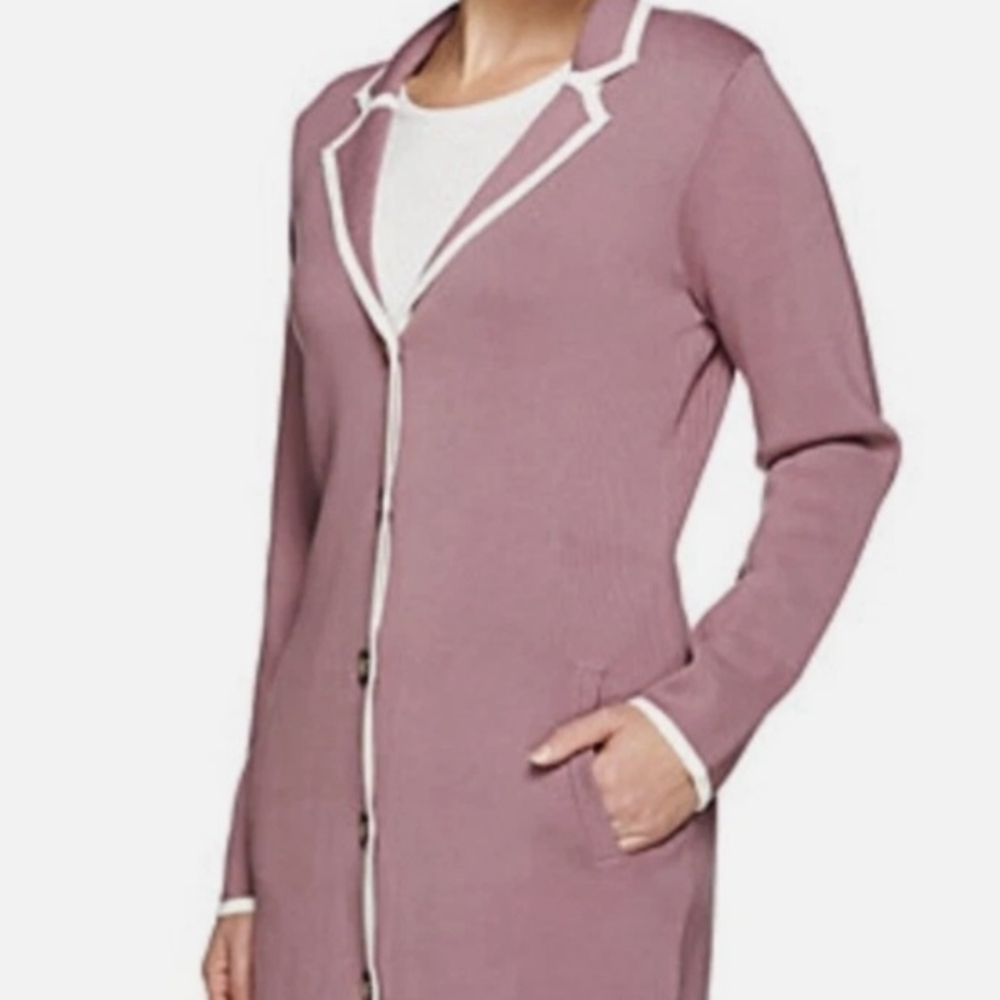 Liz Claiborne Women's Mauve Long Cardigan with White Trim